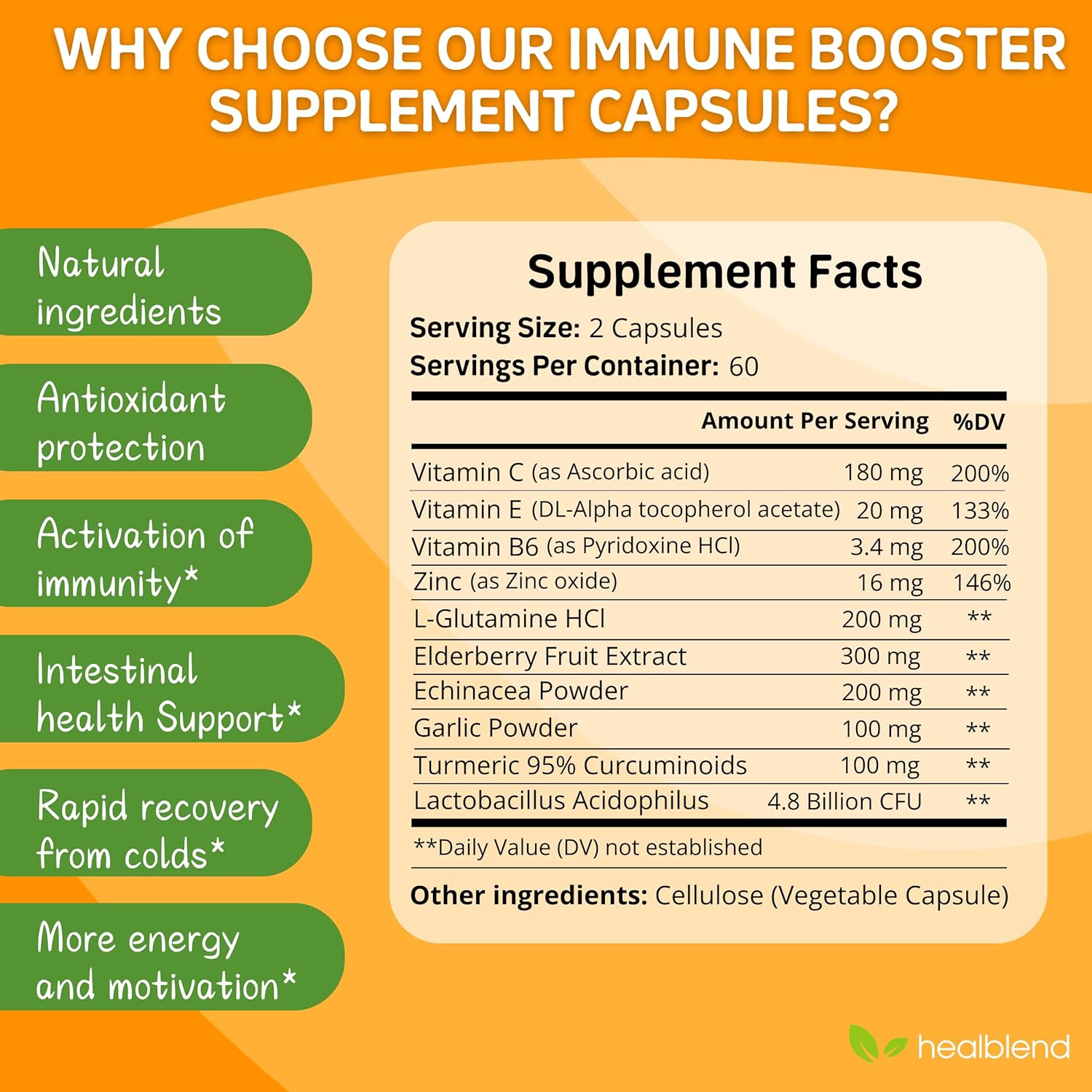3 Pack of Healblend Immune Support Supplement with Elderberry, Zinc, Echinacea, Turmeric, and Probiotics for Adults