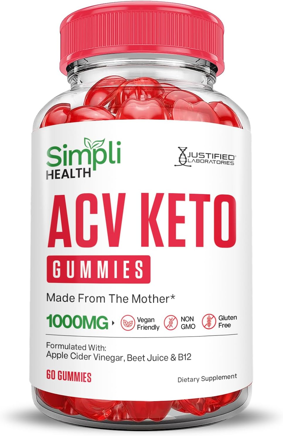 3 Pack of Justified Laboratories Simpli Health Keto ACV Gummies 1000MG - Ketonature Apple Cider Vinegar with Pomegranate Beet Juice Powder - B12 Vegan Non GMO - 180 Gummys