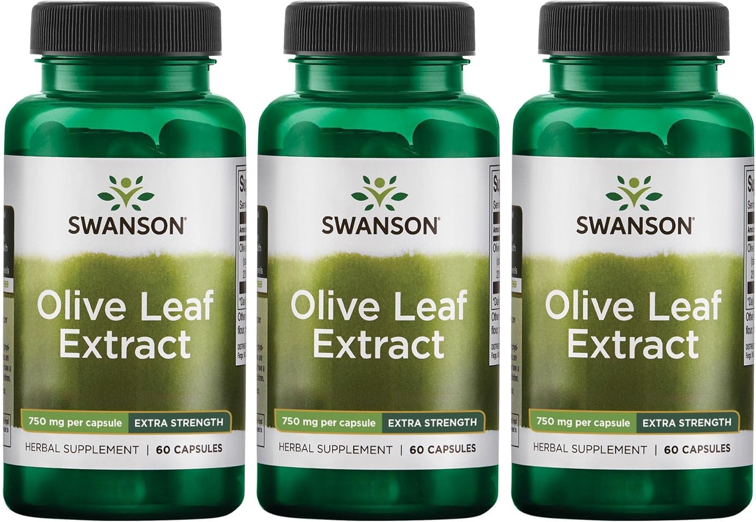 3 Pack of Swanson Olive Leaf Extract Capsules - 60 Capsules, 750mg Each, 20% Oleuropein