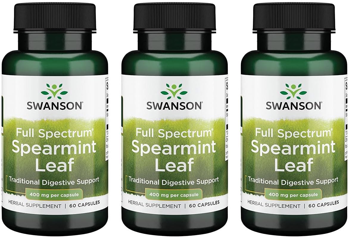 3 Pack of Swanson Spearmint Leaf Full Spectrum Herbal Supplement for Digestive Health & Stomach Issues - Natural Formula (60 Capsules, 400mg)