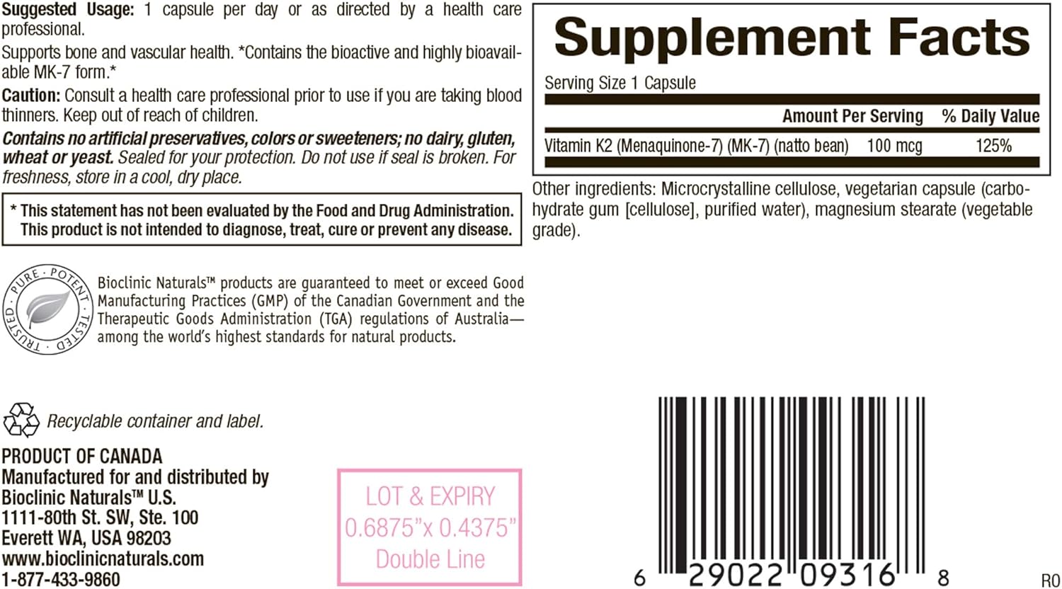 3 Pack of Vitamin K2 100mcg Capsules - Bioclinic Naturals - 270 Capsules in Total
