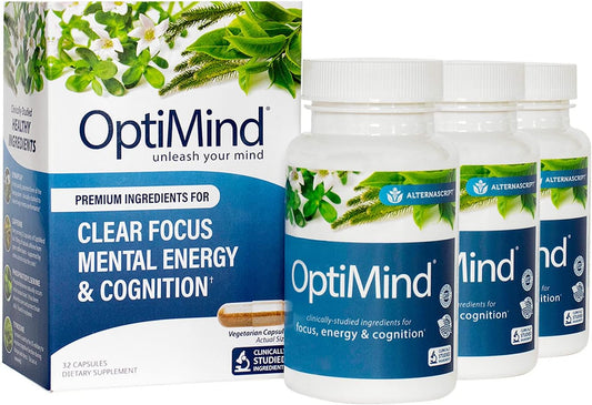 3-Pack Optimind Nootropic Brain Supplement for Enhanced Focus, Memory, and Energy - Bacopa, Tyrosine, Huperzine A, GABA - 96 Capsules