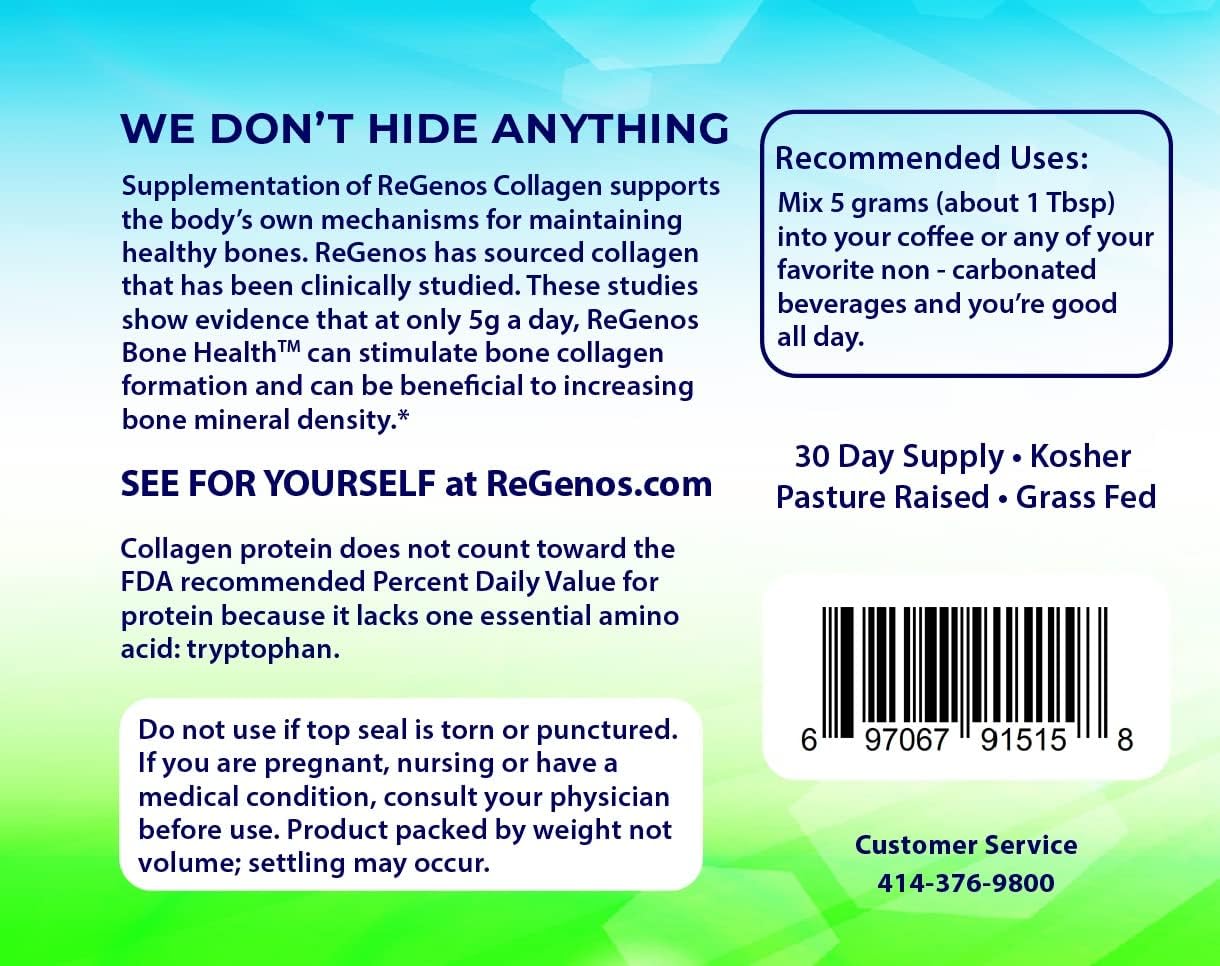 3 Pack ReGenos Bone Health Collagen Powder Supplement, Hydrolyzed Bioactive Collagen Peptides, Unflavored Protein - Gluten Free & Kosher - 30 Day Supply