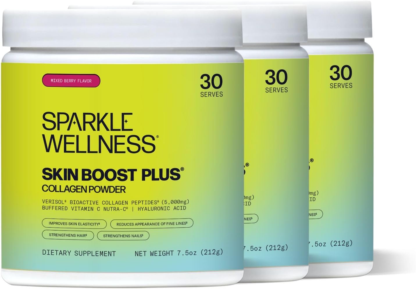 3-Pack Sparkle Wellness Skin Boost Plus (Mixed Berry) - Collagen Powder with VERISOL Peptides, Vitamin C, and Hyaluronic Acid for Improved Skin Elasticity