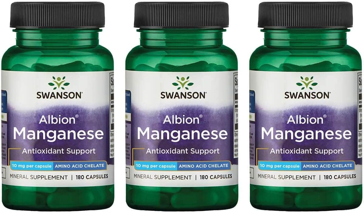 3 Pack Swanson Albion Chelated Manganese 10mg 180 Capsules - High Quality Supplement for Overall Health and Wellness