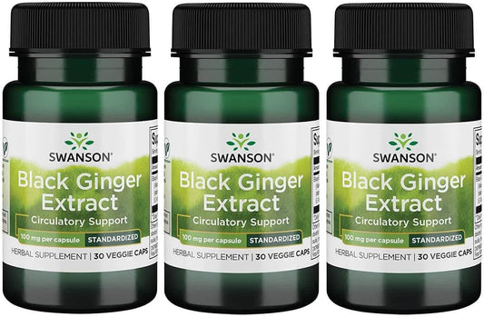 3 Pack Swanson Black Ginger Extract Capsules 100mg - Supports Heart Health, Blood Circulation, Muscle Tissue, Mental Wellbeing - Vegetarian Formula