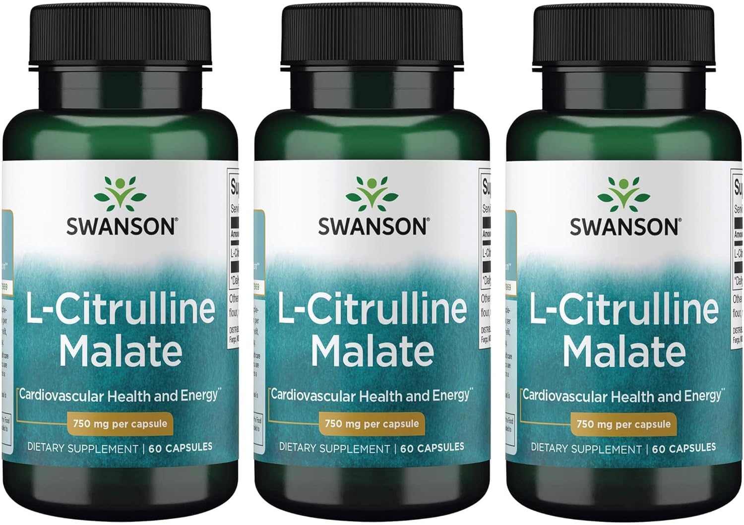 3 Pack Swanson L-Citrulline Malate Capsules - Energy & Circulation Support Supplement - Natural Formula for Wellness - 750mg Each - Amino Acid Boost