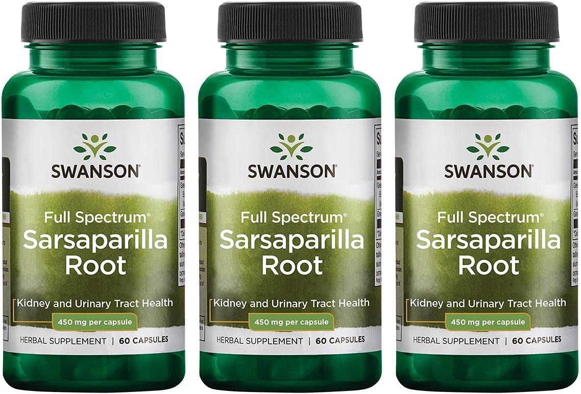 3 Pack Swanson Sarsaparilla Root Capsules - Herbal Supplement for Skin, Urinary Tract & Kidney Health - 450mg, Promotes Overall Wellness