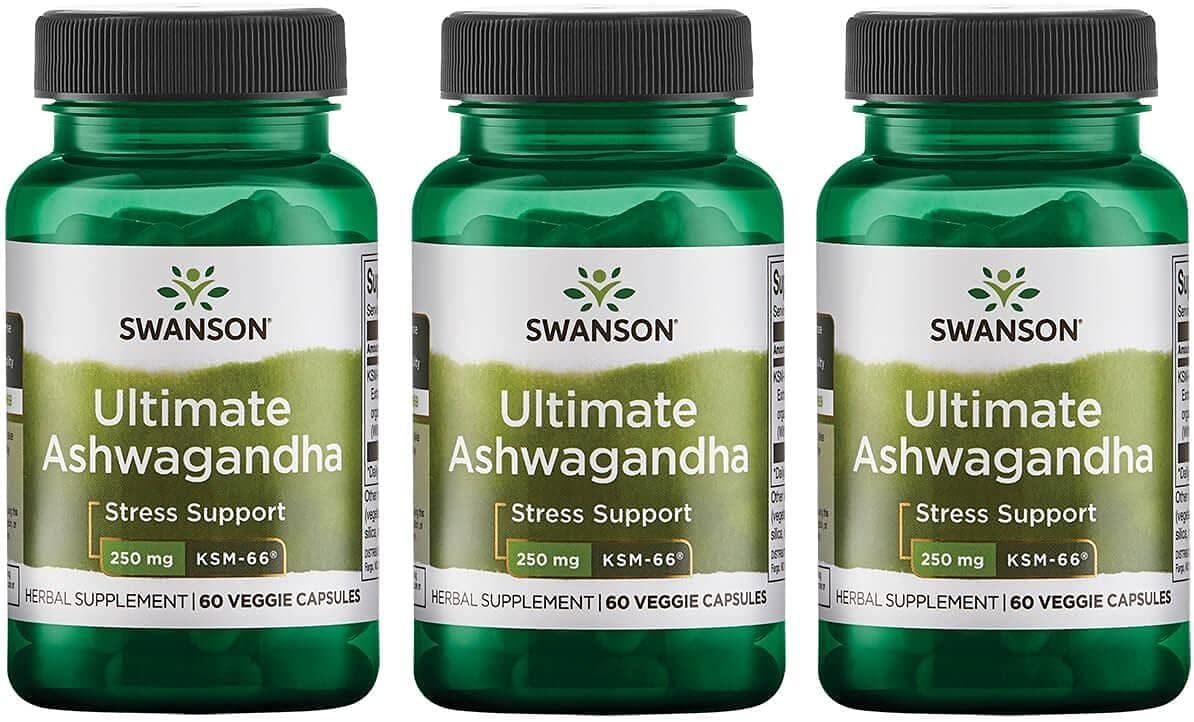 3 Pack Swanson Ultimate Ashwagandha KSM-66 Herbal Supplement for Healthy Stress Levels & Relaxation - Natural Formula for Calm Mindset - 60 Veggie Capsules, 250mg