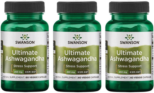 3 Pack Swanson Ultimate Ashwagandha KSM-66 Herbal Supplement for Healthy Stress Levels & Relaxation - Natural Formula for Calm Mindset - 60 Veggie Capsules, 250mg
