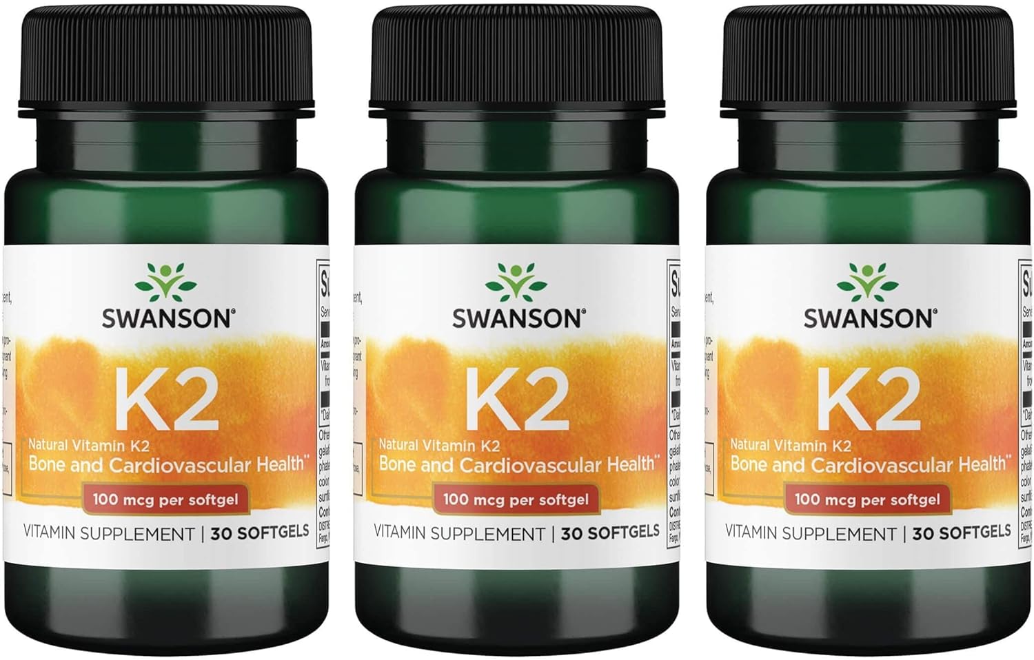 3 Pack Swanson Vitamin K2 (Menaquinone-7) Softgels - Supports Cardiovascular & Bone Health - Made from Japanese Natto - 100mcg - Vitamin Supplement for Calcium Regulation