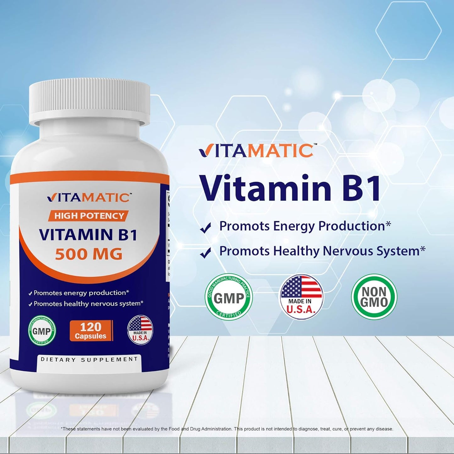 3 Pack Vitamatic Vitamin B1 (Thiamine) 500mg - 120 Capsules for Energy and Immune Support