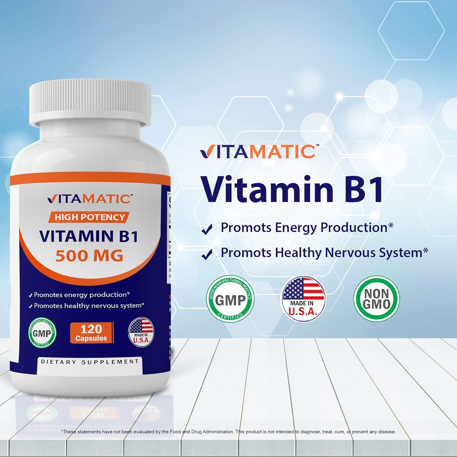 3 Pack Vitamatic Vitamin B1 (Thiamine) 500mg - 120 Capsules for Energy and Immune Support