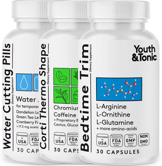 3-Pack Youth & Tonic Shred Sculpt Lean Diet Pills for Metabolism, Energy, Cravings, Water Retention, Belly Bloating - Women & Men