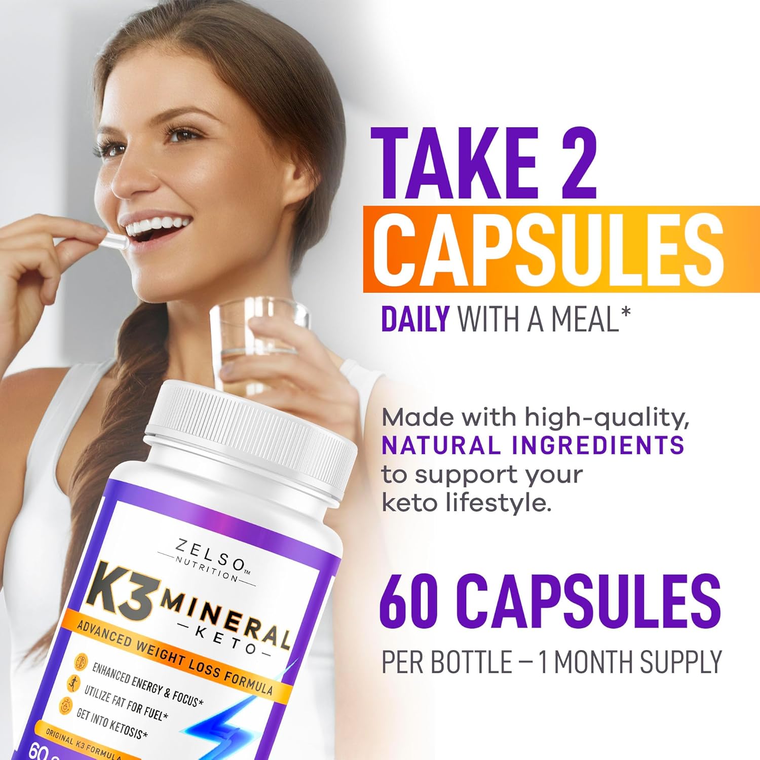 3 Pack ZELSO K3 Mineral Weight Loss Pills for Women and Men - Salt Mineral, Vitamin + Capsules Supplement - 180 Day Supply