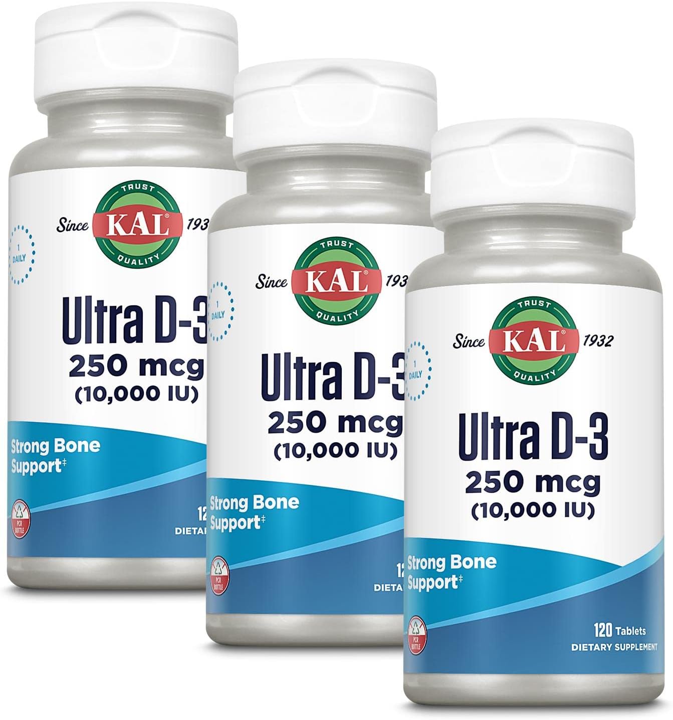3 Packs of KAL 10000 Iu Ultra D-3 Tablets, 120 Count - Vitamin D Supplement for Bone Health and Immune Support