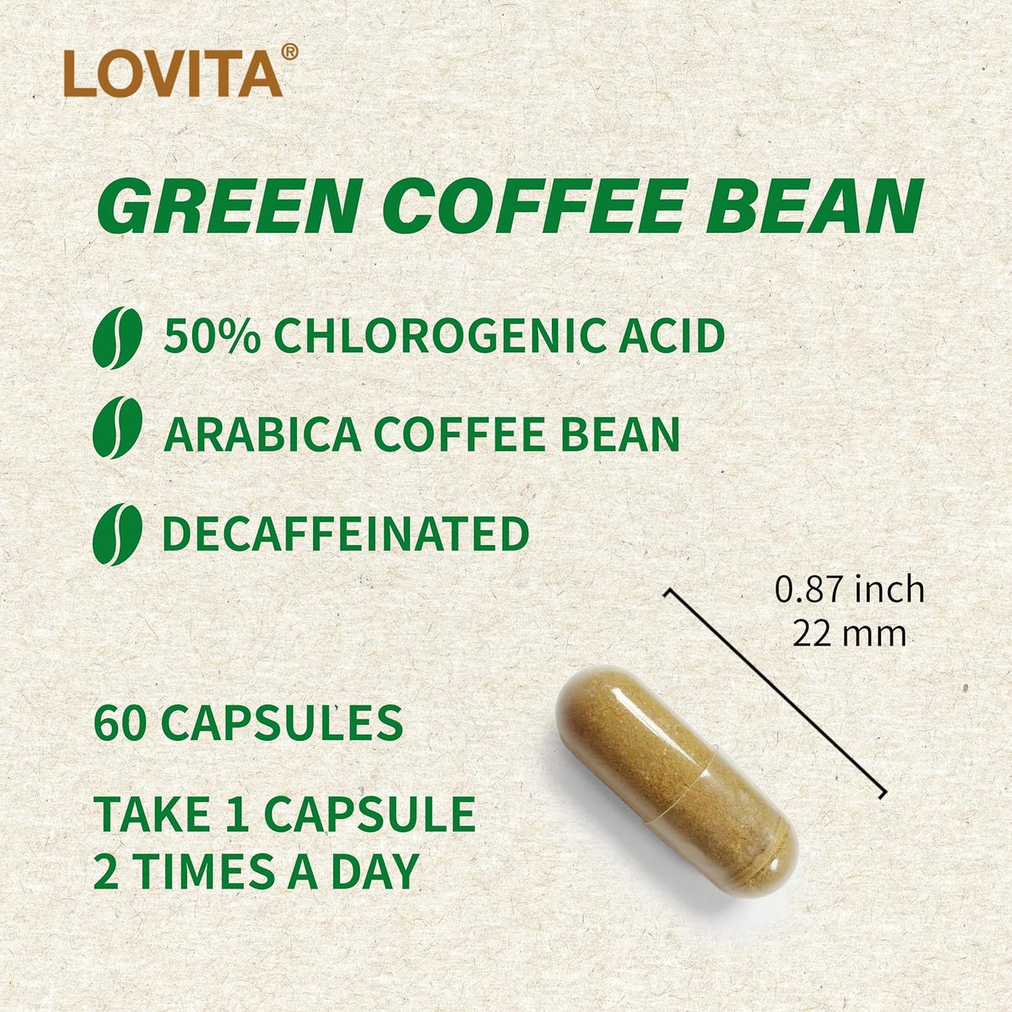 3 Packs of Lovita Green Coffee Bean Extract Capsules - Vegan-Friendly Antioxidant Supplement with 50% Chlorogenic Acid for High Potency - 180 Capsules Total