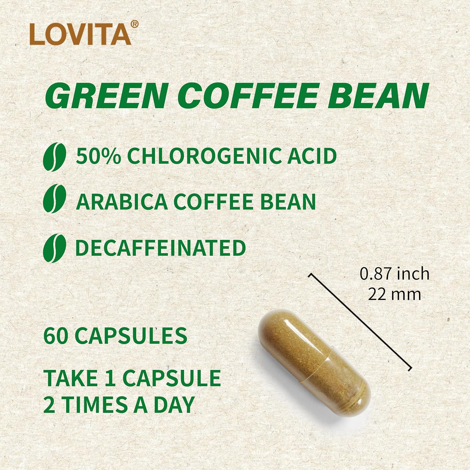 3 Packs of Lovita Green Coffee Bean Extract Capsules - Vegan-Friendly Antioxidant Supplement with 50% Chlorogenic Acid for High Potency - 180 Capsules Total