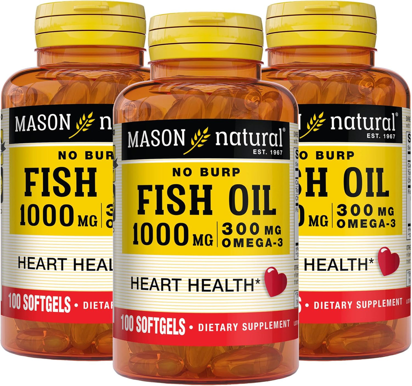 3 Packs of Mason Natural No Burp Fish Oil 1000mg Omega-3 Softgels for Heart Health, 300mg per Capsule