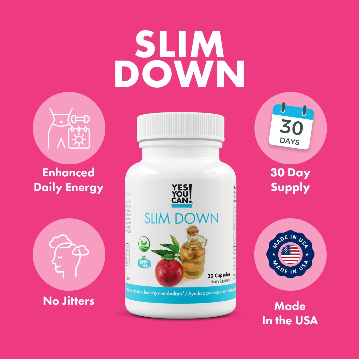 30 Capsules of Slim Down Dietary Supplements with African Mango, L-Carnitine, Green Tea, Apple Cider Vinegar, & Guarana Seed Extract for Weight Loss - 1 Month Supply