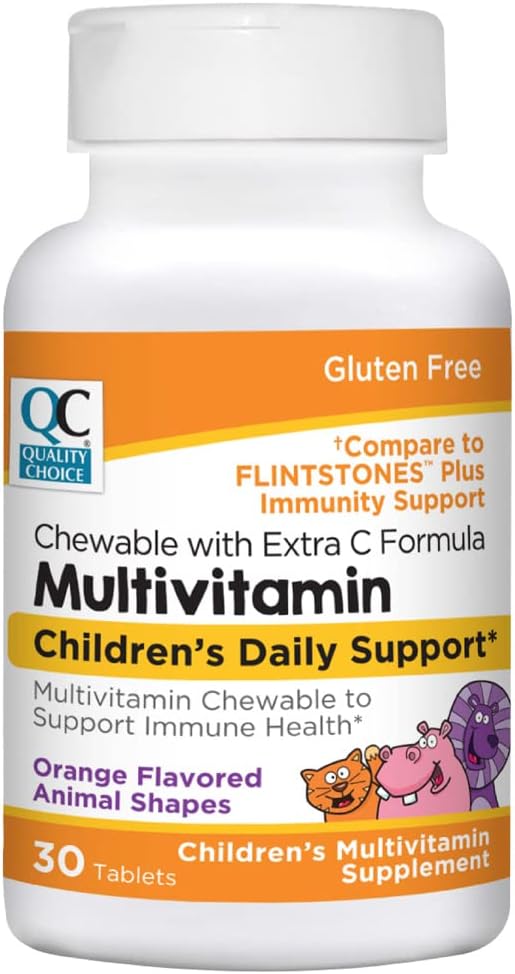 30 Count Bottle of Chewable Animal Shaped Children's Multivitamin with Extra Vitamin C for Immune Health