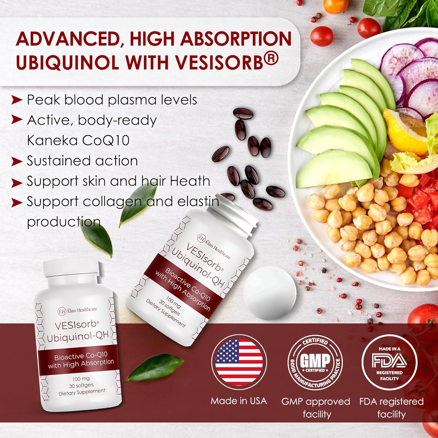 30-Count ÉLAN HEALTHCARE Ubiquinol-QH 100mg Softgels with VESIsorb Technology