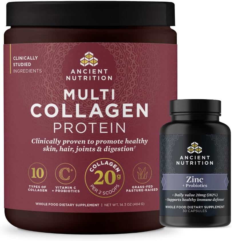 30 Count Zinc Capsules + 40 Servings Unflavored Multi Collagen Protein Powder by Ancient Nutrition