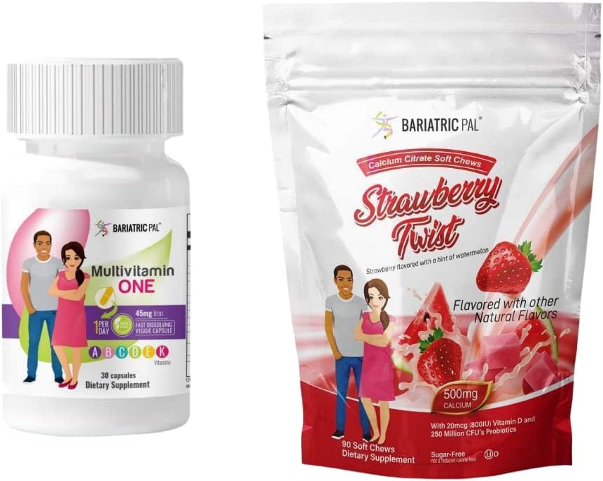 30-Day Bariatric Vitamin Bundle with Multivitamin, Iron Capsule, and Calcium Citrate Soft Chews - Strawberry Twist Flavor