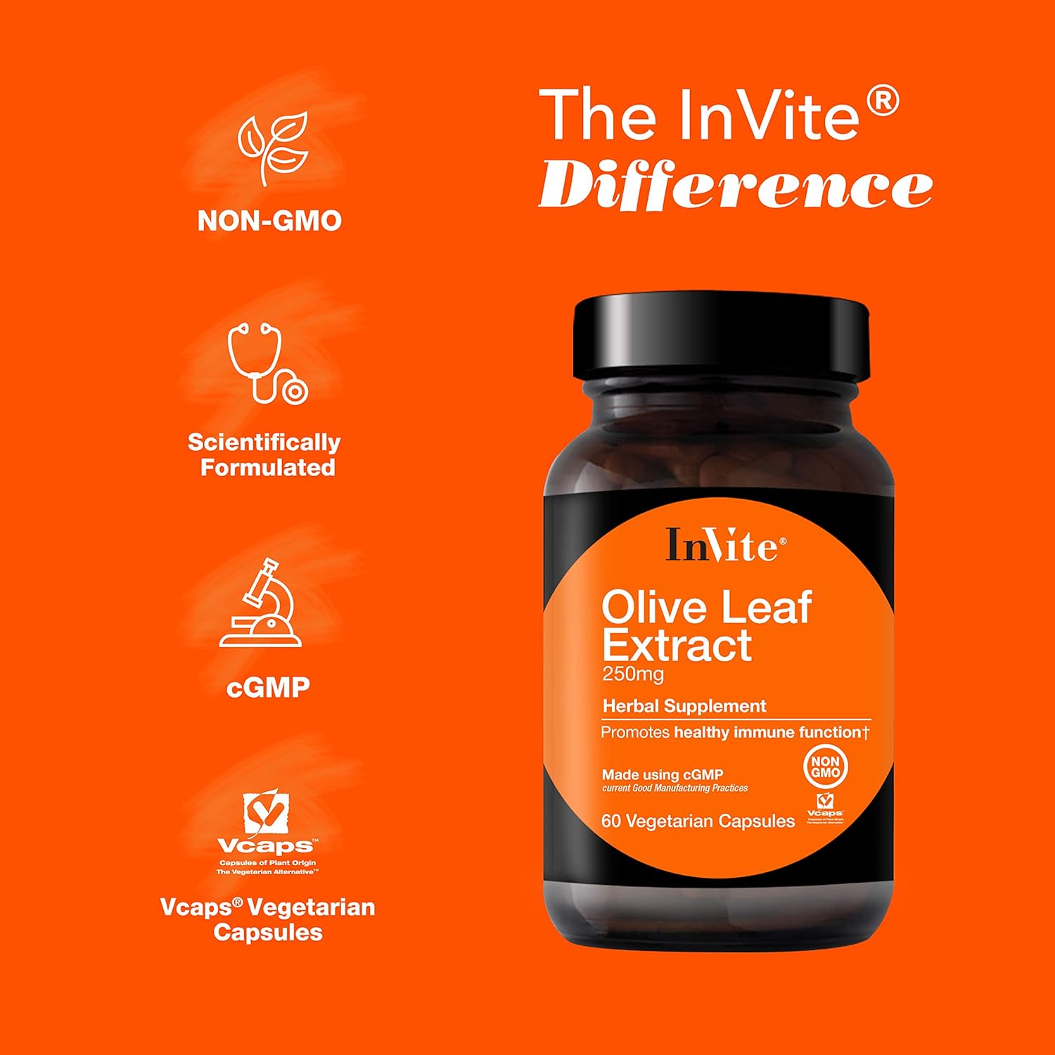 30-Day Supply of Invite Health Olive Leaf Extract Capsules for Immune System Support - 60 Vegetarian Capsules