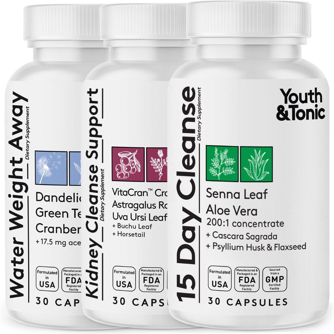 30-Day Youth & Tonic Full Body Cleanse Detox Pills with Green Tea, Senna, Dandelion & Cranberry - Flush Toxins, Reduce Bloating & Swelling