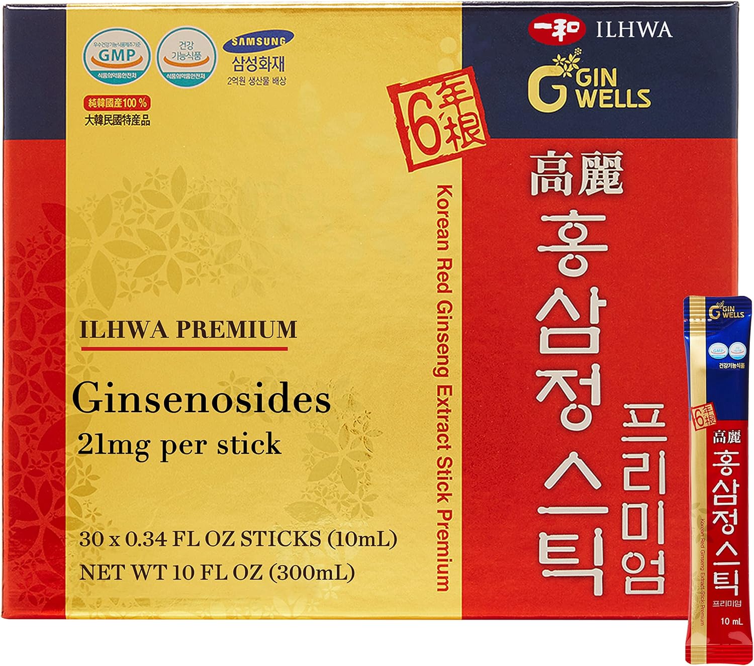 30 ILHWA Premium Korean Red Ginseng Extract Sticks - Boost Immunity with 21mg Ginsenoside per Serving