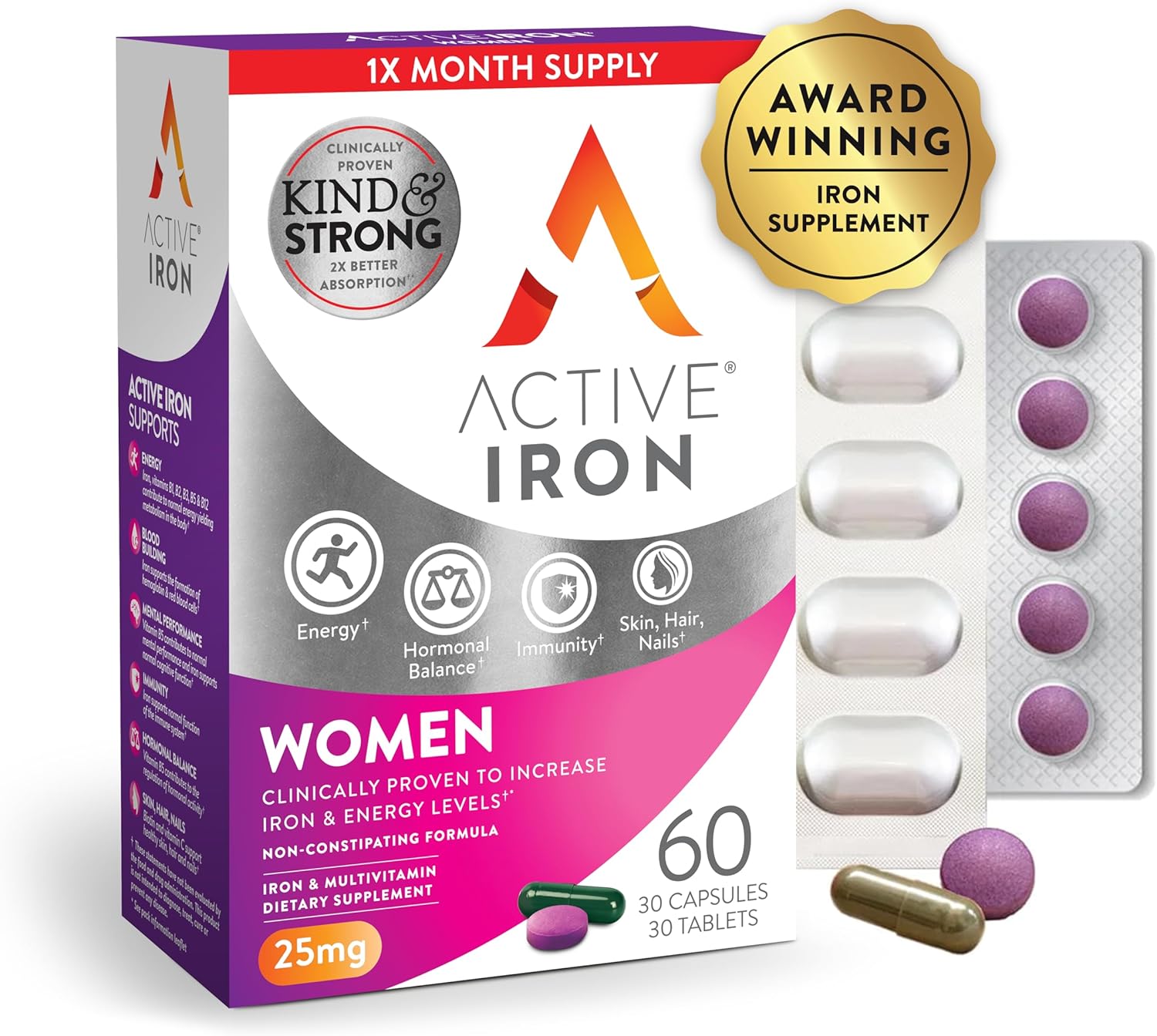 30 Non-Constipating Active Iron Capsules + Women's Multivitamin - Increase Iron & Energy Levels - Clinically Proven