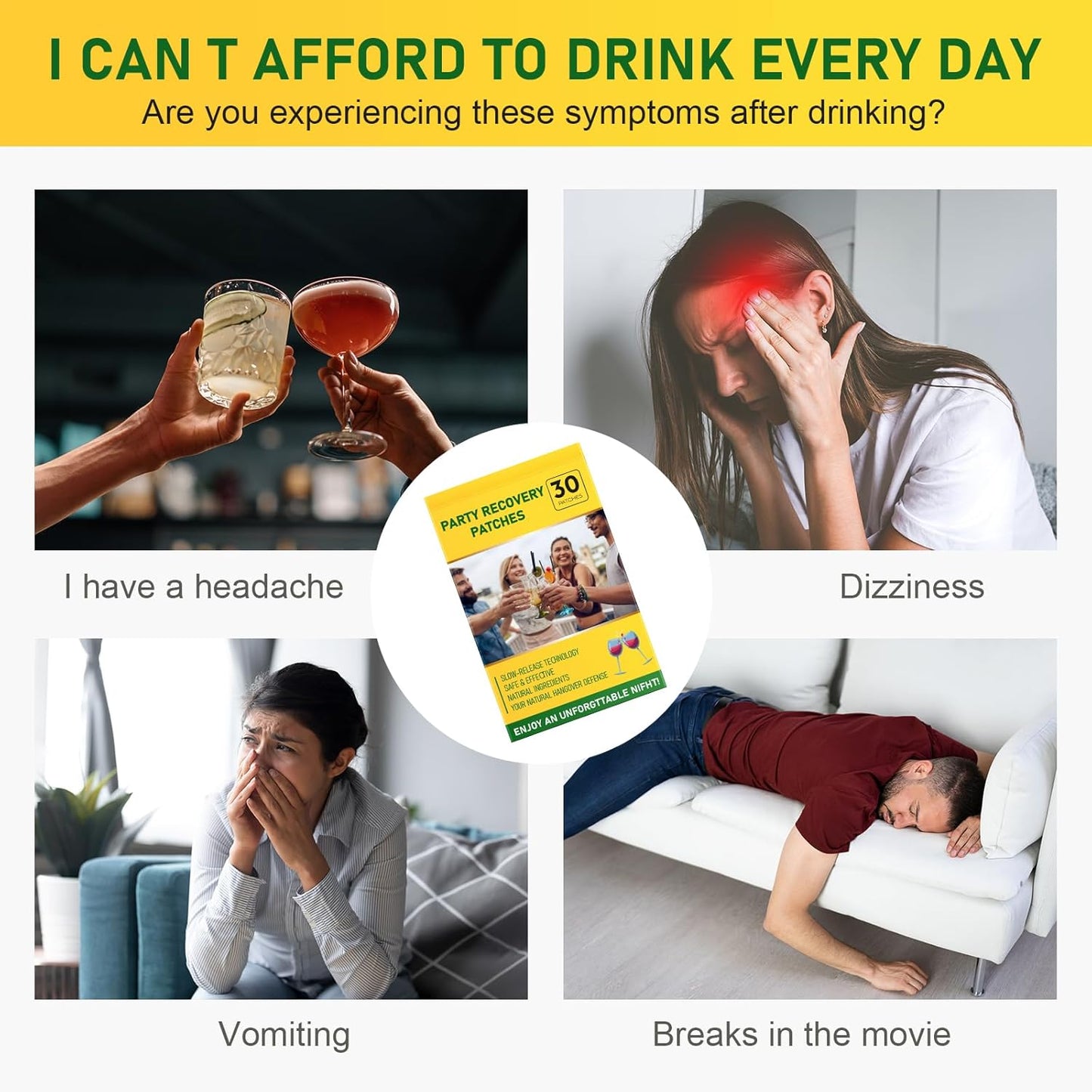 30 Pack RAAYAM Patches with Green Tea for Fast-Acting Relief Before Drinking, Promotes No Regret Nights and Refreshing Mornings for Men and Women