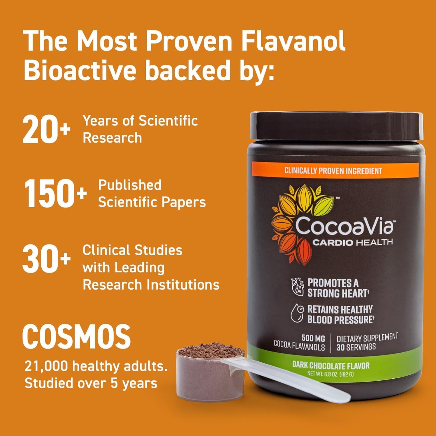 30-Serving CocoaVia Cardio Health Cocoa Powder with 500mg Cocoa Flavanols for Heart Health & Energy - Vegan Dark Chocolate Cacao Supplement