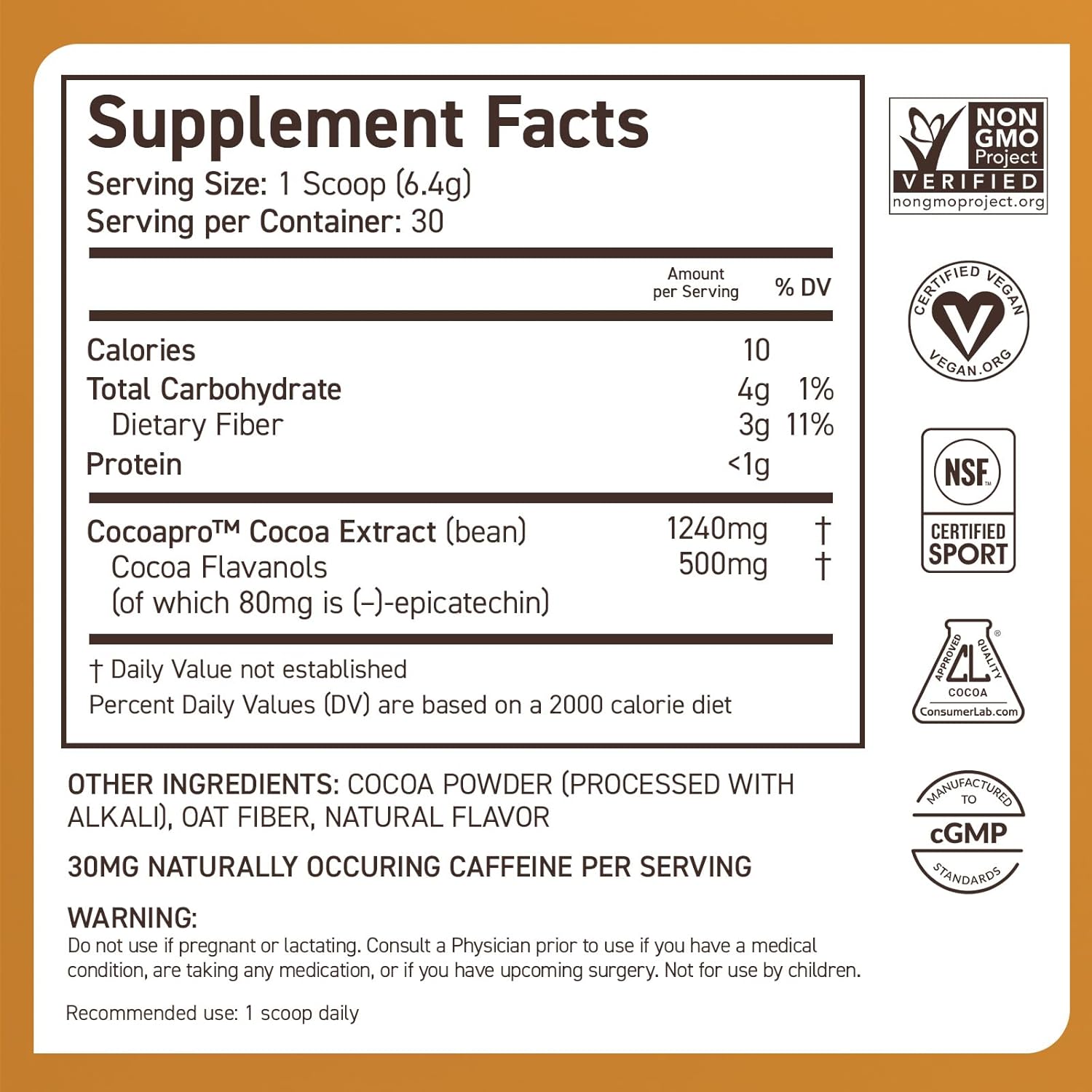 30-Serving CocoaVia Cardio Health Cocoa Powder with 500mg Cocoa Flavanols for Heart Health & Energy - Vegan Dark Chocolate Cacao Supplement