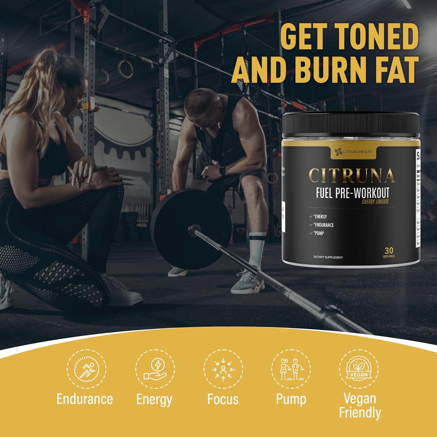 30 Servings Citruna Fuel Pre Workout Mix & Energy Supplement, Zero Sugar Drink with B-Complex Vitamins - Boost Strength, Focus, & Endurance, Cherry Limeade