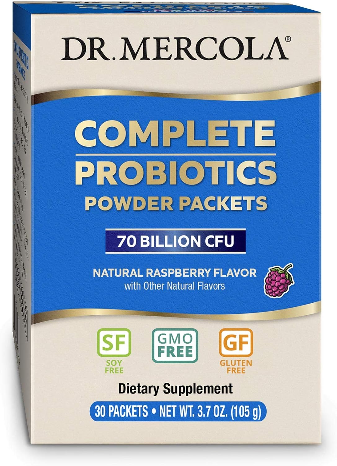 30 Servings Dr. Mercola Complete Probiotics Powder Packets - 70 Billion CFU, Natural Raspberry Flavor - Digestive & Immune Support
