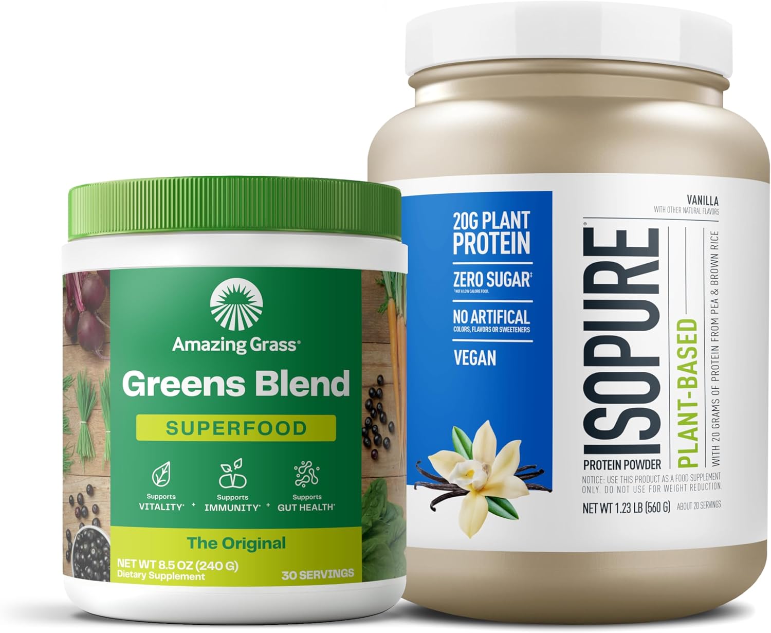 30 Servings of Amazing Grass Greens Superfood Powder + 20 Servings of Isopure Vanilla Vegan Protein Powder - Plant Based, Organic, Dairy Free Bundle