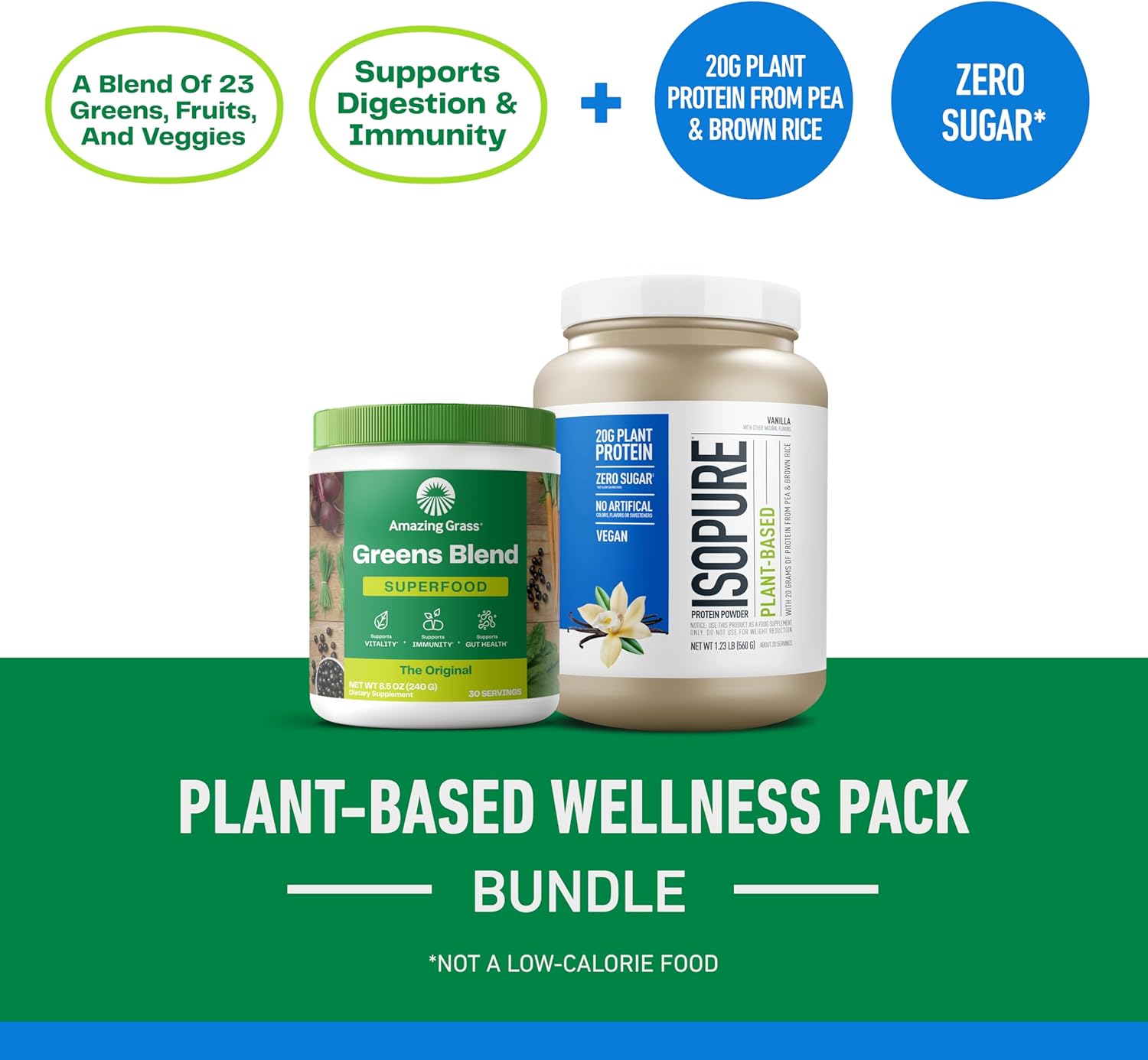 30 Servings of Amazing Grass Greens Superfood Powder + 20 Servings of Isopure Vanilla Vegan Protein Powder - Plant Based, Organic, Dairy Free Bundle