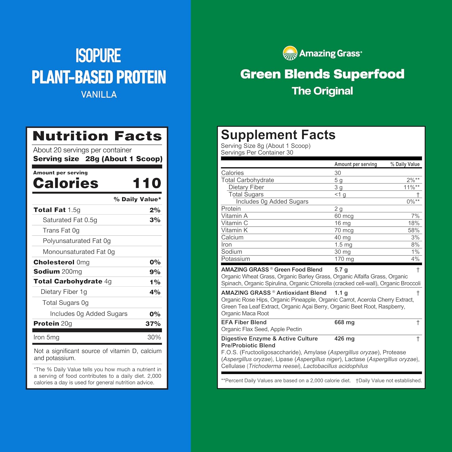 30 Servings of Amazing Grass Greens Superfood Powder + 20 Servings of Isopure Vanilla Vegan Protein Powder - Plant Based, Organic, Dairy Free Bundle