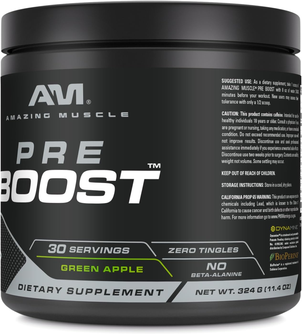 30 Servings of Amazing Muscle Pre Boost Natural Green Apple Pre Workout Supplement, 324g Powder - Made in USA