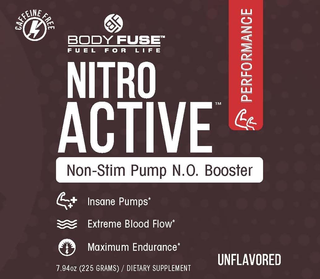 30 Servings of Body Fuse Nitro Active Pump V2 Unflavored Powder - Powerful Vasodilator Supplement