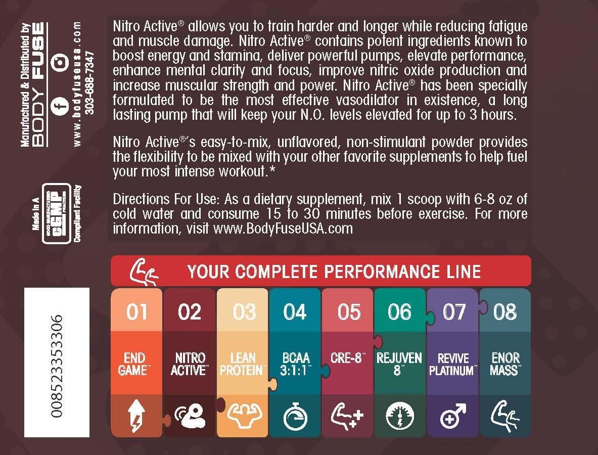 30 Servings of Body Fuse Nitro Active Pump V2 Unflavored Powder - Powerful Vasodilator Supplement