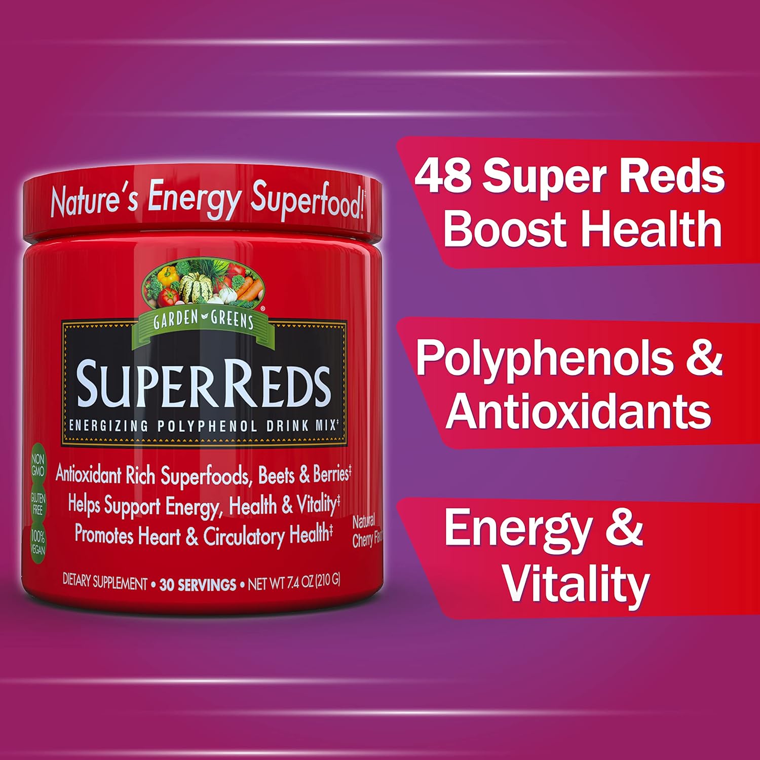 30 Servings of Garden Greens Super Reds Energizing Polyphenol Superfoods Antioxidant Powder Drink Mix - 7.4 Ounce