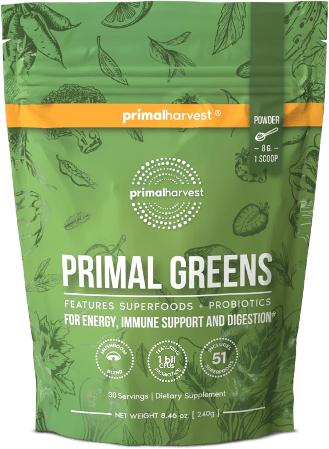 30 Servings Primal Harvest Super Greens Powder with +50 Greens Superfood, Chlorella, Probiotics, Green Tea, Wheatgrass, Kale, and Turmeric for Energy Boost