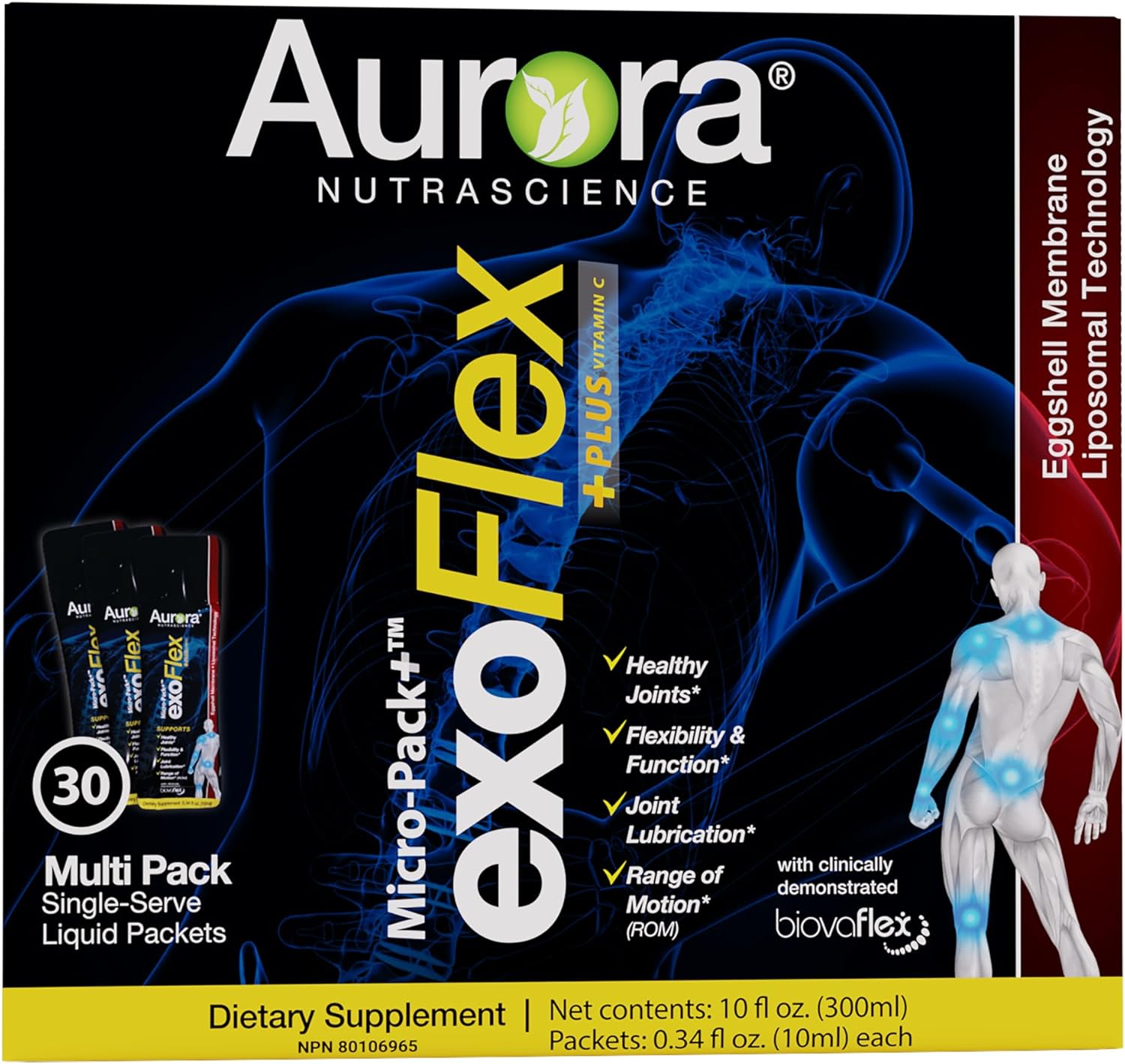 30 Single-Serve Packets of Liposomal exoFlex+ Vitamin C for Joint Support with Eggshell Membrane, Curcumin & Boswellia by Aurora Nutrascience