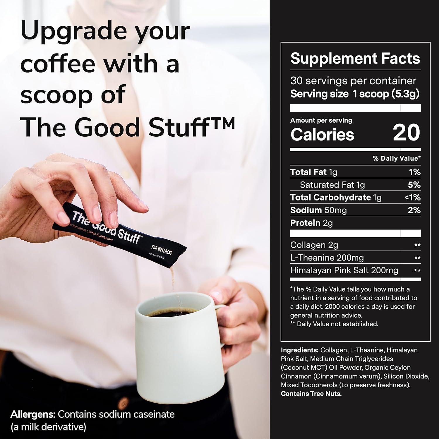 30 Travel Packets of Non-Dairy Coffee Supplement with Collagen, L-Theanine, and Himalayan Pink Salt for Improved Focus and Energy