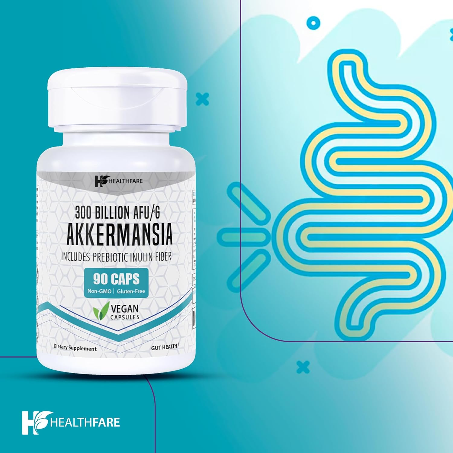 300 Billion AFU Healthfare Akkermansia Muciniphila Veg Capsules with Prebiotic Inulin - Gluten-Free & Non-GMO