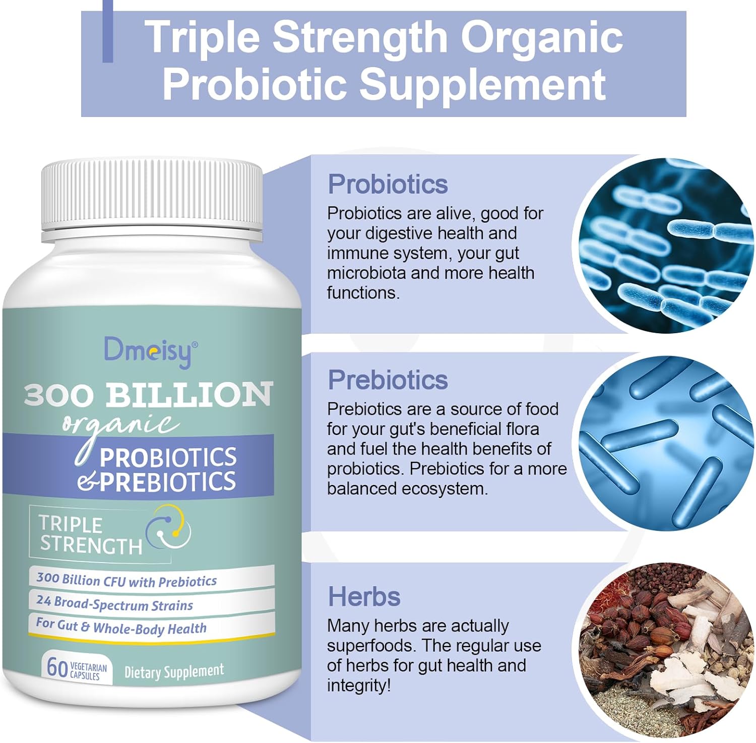 300 Billion CFU Probiotic Blend with 24 Strains & 15 Organic Herbs - Gut Health Supplement for Women and Men - 2 Month Supply