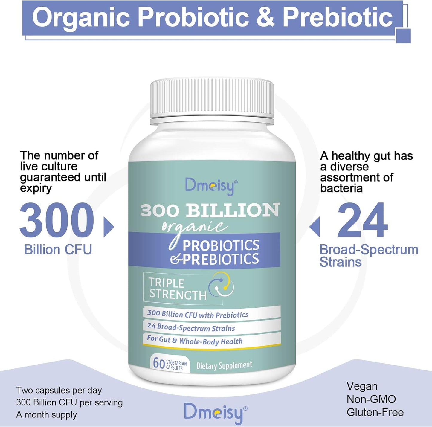 300 Billion CFU Probiotic Blend with 24 Strains & 15 Organic Herbs - Gut Health Supplement for Women and Men - 2 Month Supply